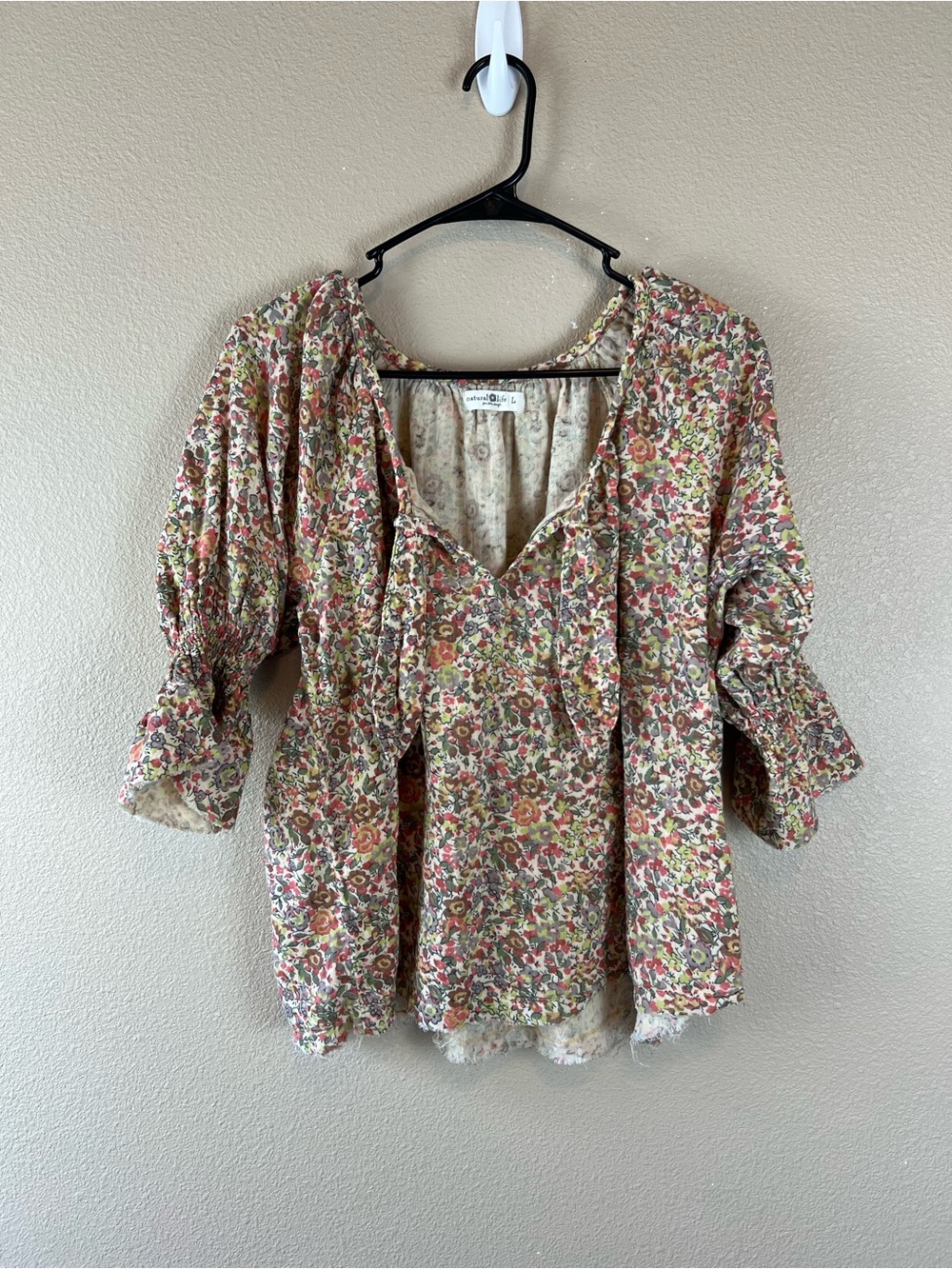Natural Life floral cotton tie chest puff sleeve blouse